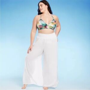 New Shade & Share Women’s Smocked Waist Side Slit Cover Up White Pants Size 1X
